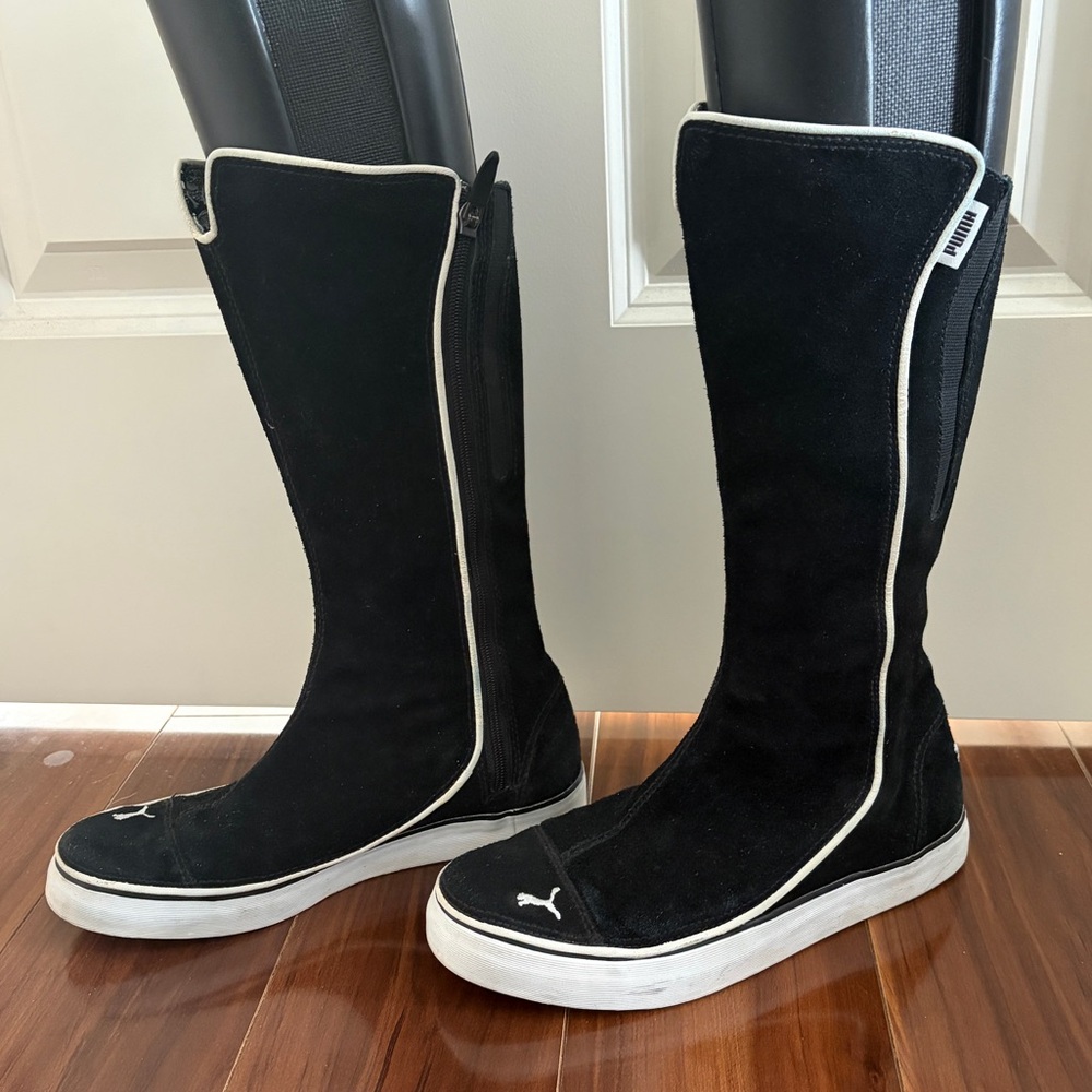 Puma Black Suede mid-Calf sneaker Boots with White Trim